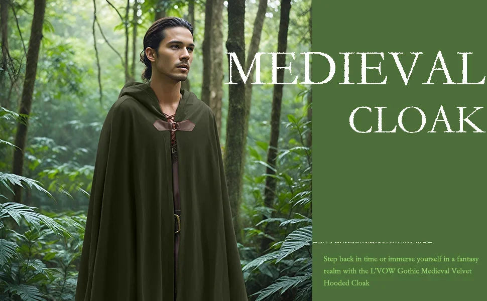 FashionMedieval Velvet Hooded Cloak - Renaissance Cape with Hood Vintage Capelet Halloween Sorcerer Costume