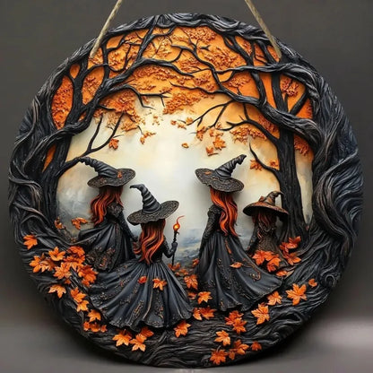 2D Retro Halloween Witch Circular Wooden Sign, Suitable for Home, Restaurant, Office, Coffee Shop, Bar, Holiday Decoration Gifts