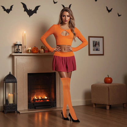 Halloween Cosplay Costume for Women Orange Long Sleeve Crop Tops and Pleated Mini Skirts with Stocking Party Clubwear