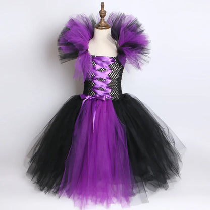 Halloween Evil Queen Costume for Kids Carnival Party Dress Up Outfit Purple Black Witch Costume for Girls Fancy Tulle Tutu Dress