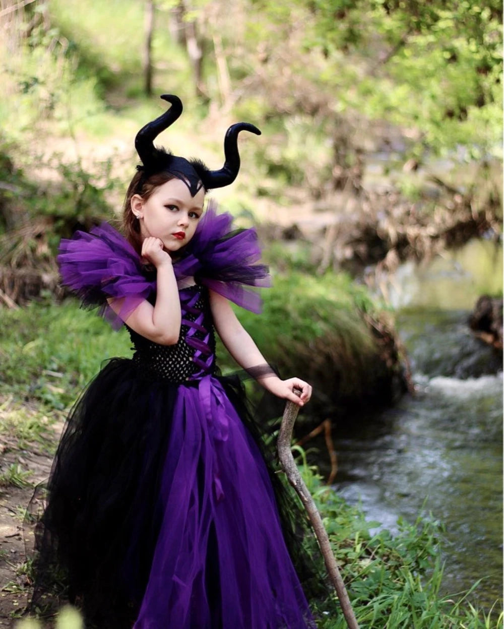 Halloween Evil Queen Costume for Kids Carnival Party Dress Up Outfit Purple Black Witch Costume for Girls Fancy Tulle Tutu Dress