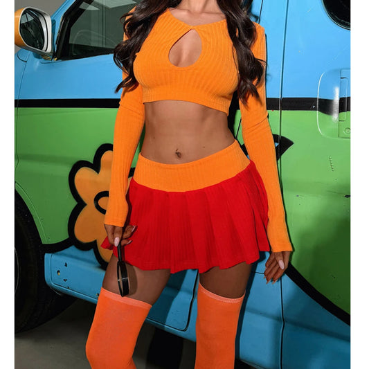 Halloween Cosplay Costume for Women Orange Long Sleeve Crop Tops and Pleated Mini Skirts with Stocking Party Clubwear