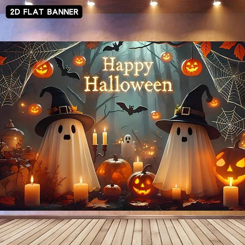 1pc Thrilling Gloomy Jungle Cute Funny Ghost Pumpkin Head Themed Halloween Banner Poster