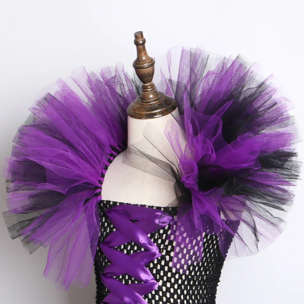 Halloween Evil Queen Costume for Kids Carnival Party Dress Up Outfit Purple Black Witch Costume for Girls Fancy Tulle Tutu Dress