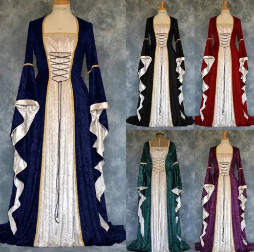 Halloween Velvet Bell Sleeve Dress – Medieval European Court Vintage Gown | 5 Colors | Sizes S–XXXL