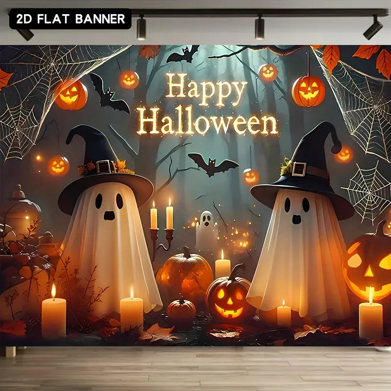 1pc Thrilling Gloomy Jungle Cute Funny Ghost Pumpkin Head Themed Halloween Banner Poster