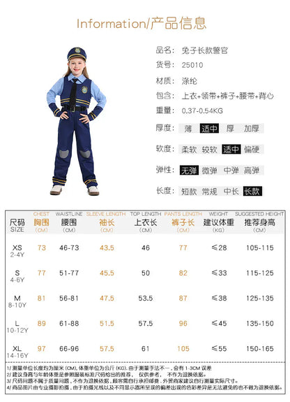 Kids Police Costume Set – Boys & Girls Halloween Cosplay Outfit | Sizes XS (2–4Y) to XL (10–12Y)