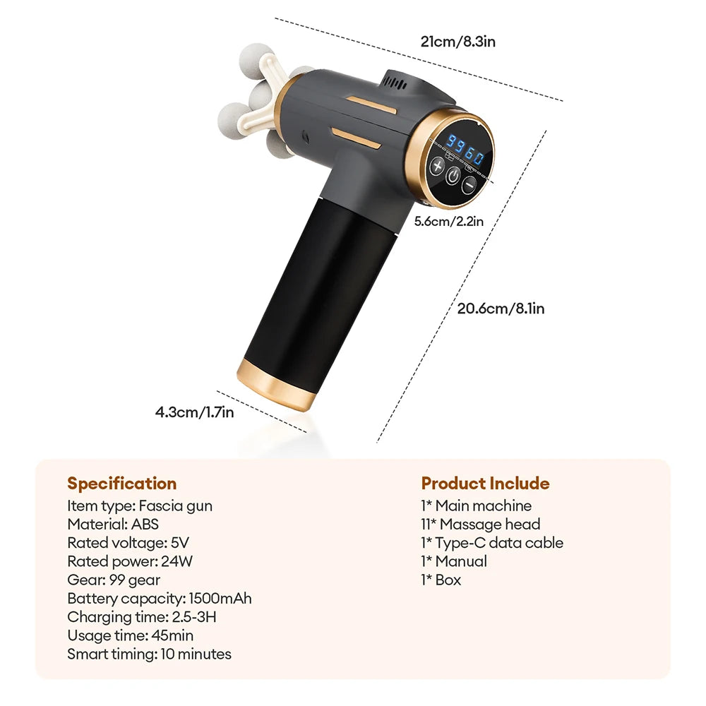 11-in-1 Electric Massage Gun – 99-Level Deep Tissue Percussion Massager with Fast Charging
