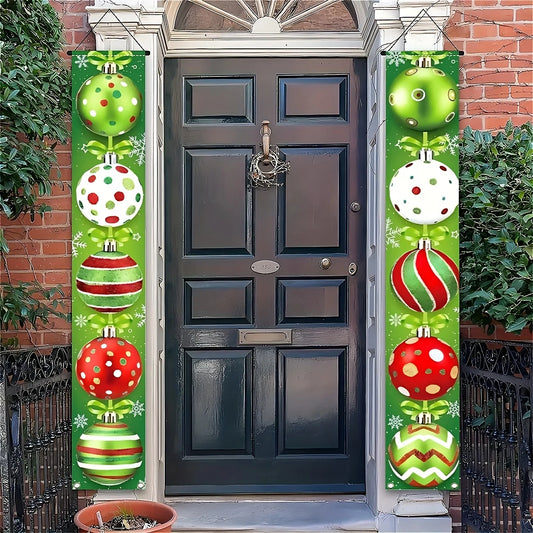 Red and green holiday decorations, featuring ornaments, snowflakes and the words "Merry Christmas"