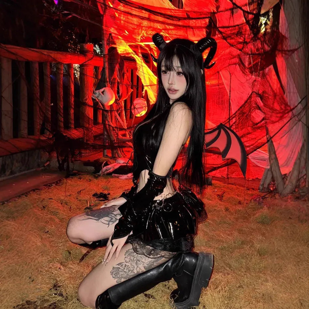 Dark Devil Halloween Costume Set – Gothic Uniform with Crossed Strap & Low Waist Skirt | Sizes S–XXL