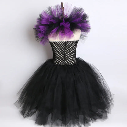 Halloween Evil Queen Costume for Kids Carnival Party Dress Up Outfit Purple Black Witch Costume for Girls Fancy Tulle Tutu Dress
