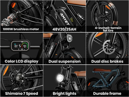 AMYET V9-G60 Adults Electric Bike 1000W Motor Bicycle 48V 20AH 20“ Tire Ebike Electric E Bikes Mountain Moped Ebikes For Men AMYET V9-G60 Adults Electric Bike 1000W Motor Bicycle 48V 20AH 20“ Tire Ebike Electric E Bikes Mountain Moped Ebikes For Men