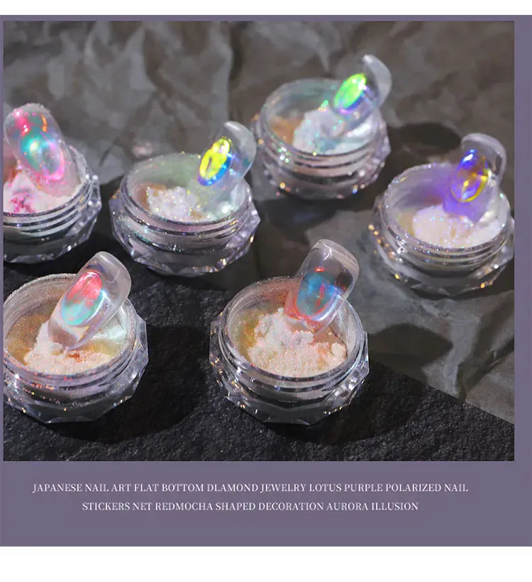 Aurora Chrome Nail Glitter Powder | Rainbow Mirror Laser Pigment for Nail Art Aurora Chrome Nail Glitter Powder — Rainbow Mirror & Laser Gel Pigment for Nail Art