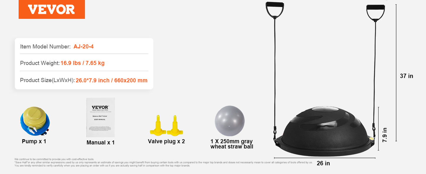 SucceBuy Half Exercise Ball Trainer Balance Ball Trainer Stability Ball Yoga Ball with Resistance Bands &Foot Pump Strength Ball