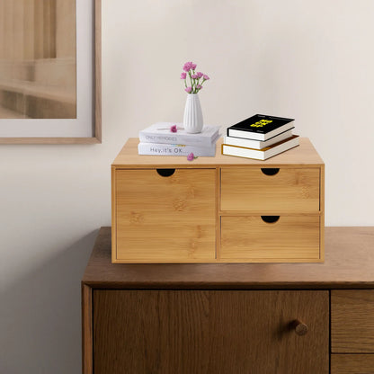 Bamboo 3-Drawer Desk Organizer | Retro Tabletop Storage, No Assembly — Wahooly Bamboo Desk Organizer with 3 Drawers | Retro Tabletop Storage for Home Office, Makeup & Supplies | No Assembly