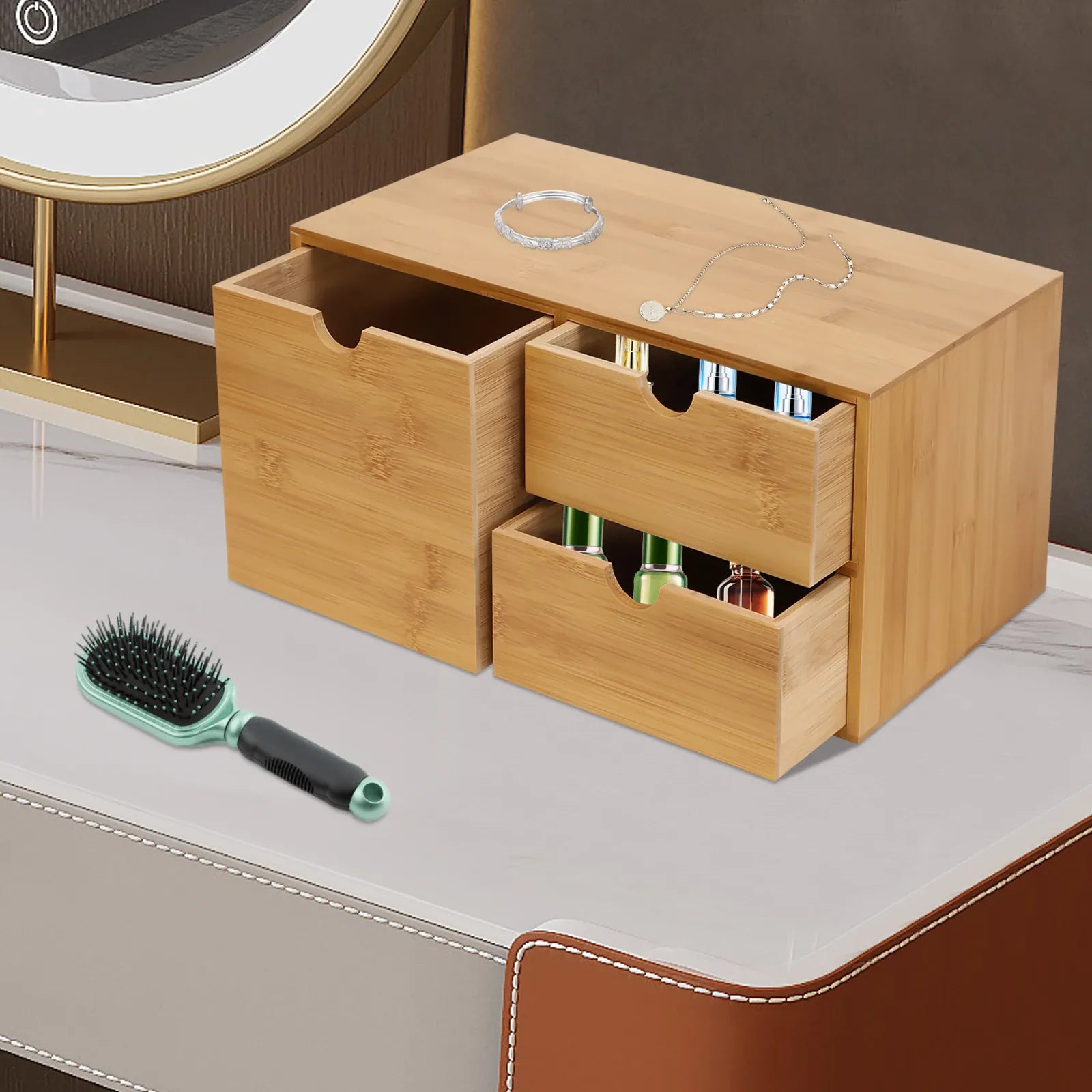 Bamboo 3-Drawer Desk Organizer | Retro Tabletop Storage, No Assembly — Wahooly Bamboo Desk Organizer with 3 Drawers | Retro Tabletop Storage for Home Office, Makeup & Supplies | No Assembly