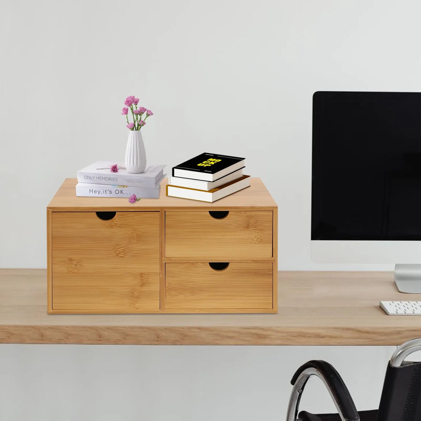 Bamboo 3-Drawer Desk Organizer | Retro Tabletop Storage, No Assembly — Wahooly Bamboo Desk Organizer with 3 Drawers | Retro Tabletop Storage for Home Office, Makeup & Supplies | No Assembly
