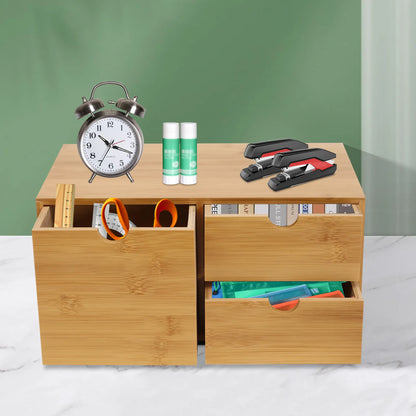 Bamboo 3-Drawer Desk Organizer | Retro Tabletop Storage, No Assembly — Wahooly Bamboo Desk Organizer with 3 Drawers | Retro Tabletop Storage for Home Office, Makeup & Supplies | No Assembly