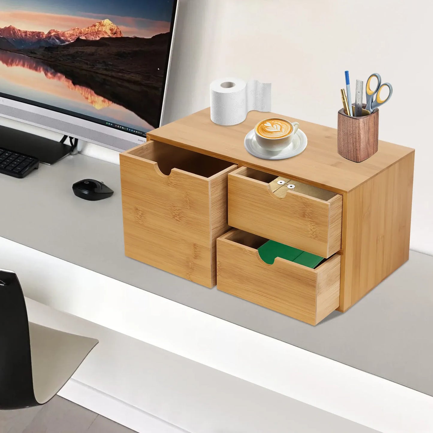 Bamboo 3-Drawer Desk Organizer | Retro Tabletop Storage, No Assembly — Wahooly Bamboo Desk Organizer with 3 Drawers | Retro Tabletop Storage for Home Office, Makeup & Supplies | No Assembly