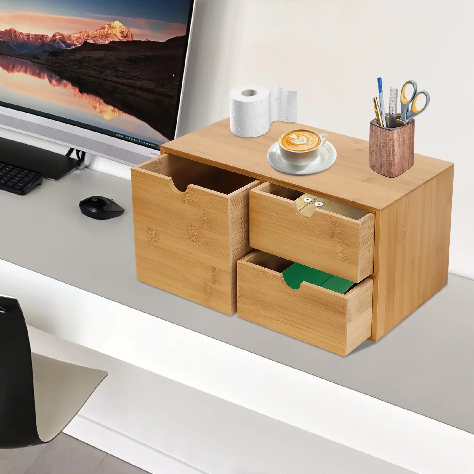 Bamboo 3-Drawer Desk Organizer | Retro Tabletop Storage, No Assembly — Wahooly Bamboo Desk Organizer with 3 Drawers | Retro Tabletop Storage for Home Office, Makeup & Supplies | No Assembly
