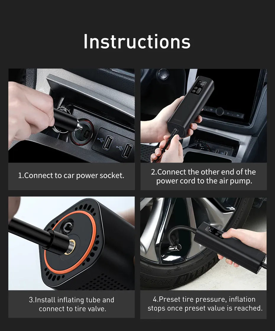 Baseus Mini Tire Inflator 12V 150PSI – Smart Digital Air Compressor for Cars | Wahooly Baseus Mini Tire Inflator – 12V 150PSI Smart Digital Air Compressor, Inflates 4 Tires in 25 Min