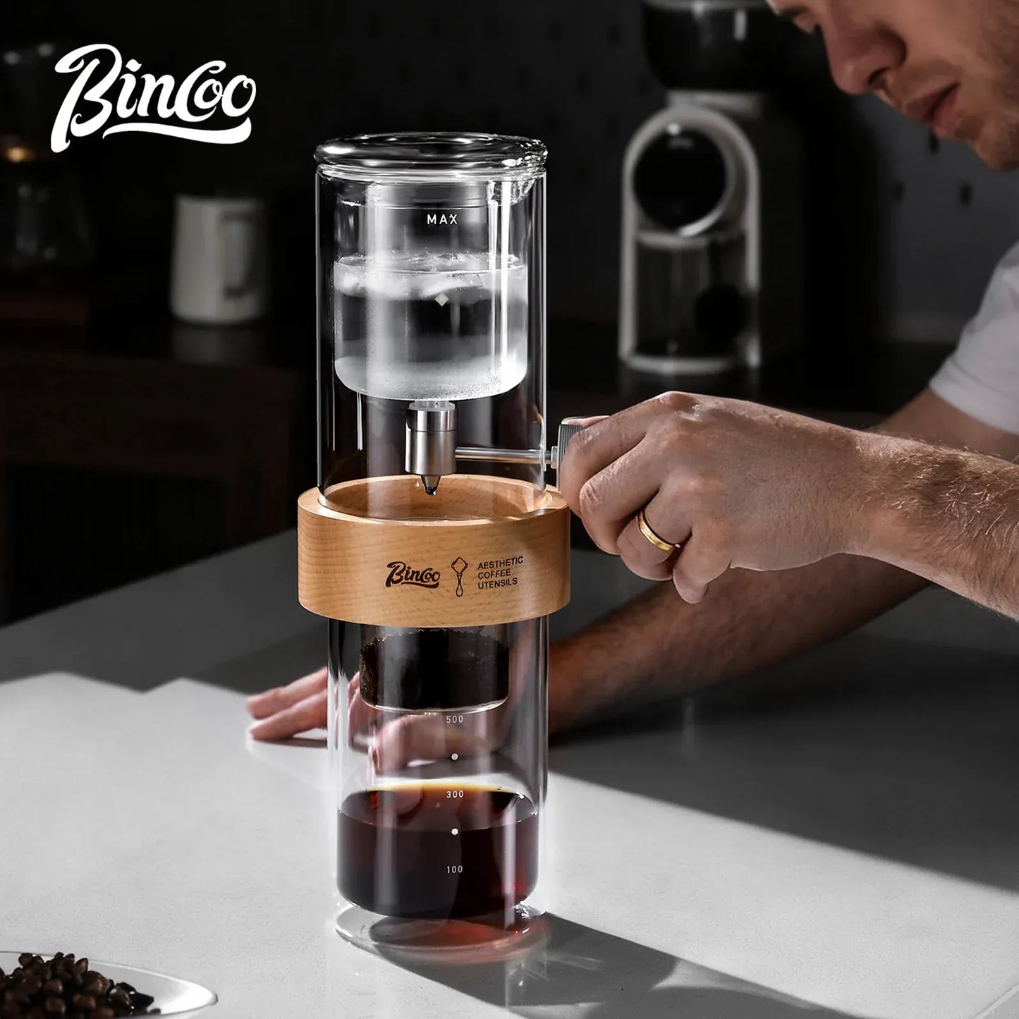Bincoo Cold Drip Coffee Maker - Double Glass Tower with Flow Control Bincoo Cold Drip Coffee Maker Double Layer Glass Design Large Capacity Use Drip Filtration System with Precision Flow Control