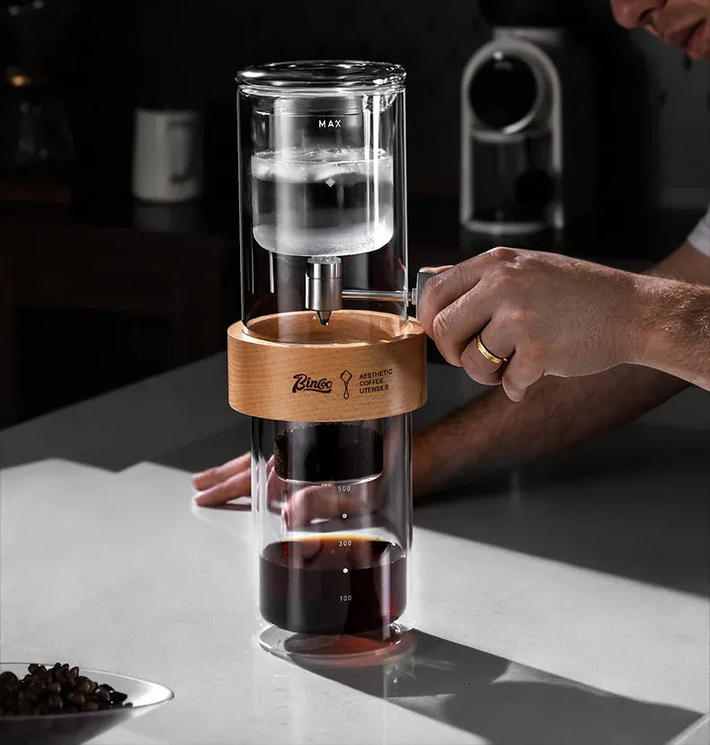 Bincoo Cold Drip Coffee Maker - Double Glass Tower with Flow Control Bincoo Cold Drip Coffee Maker Double Layer Glass Design Large Capacity Use Drip Filtration System with Precision Flow Control