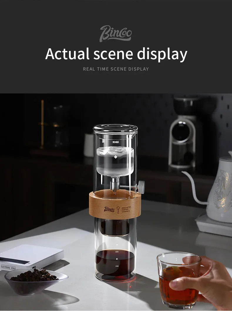 Bincoo Cold Drip Coffee Maker - Double Glass Tower with Flow Control Bincoo Cold Drip Coffee Maker Double Layer Glass Design Large Capacity Use Drip Filtration System with Precision Flow Control