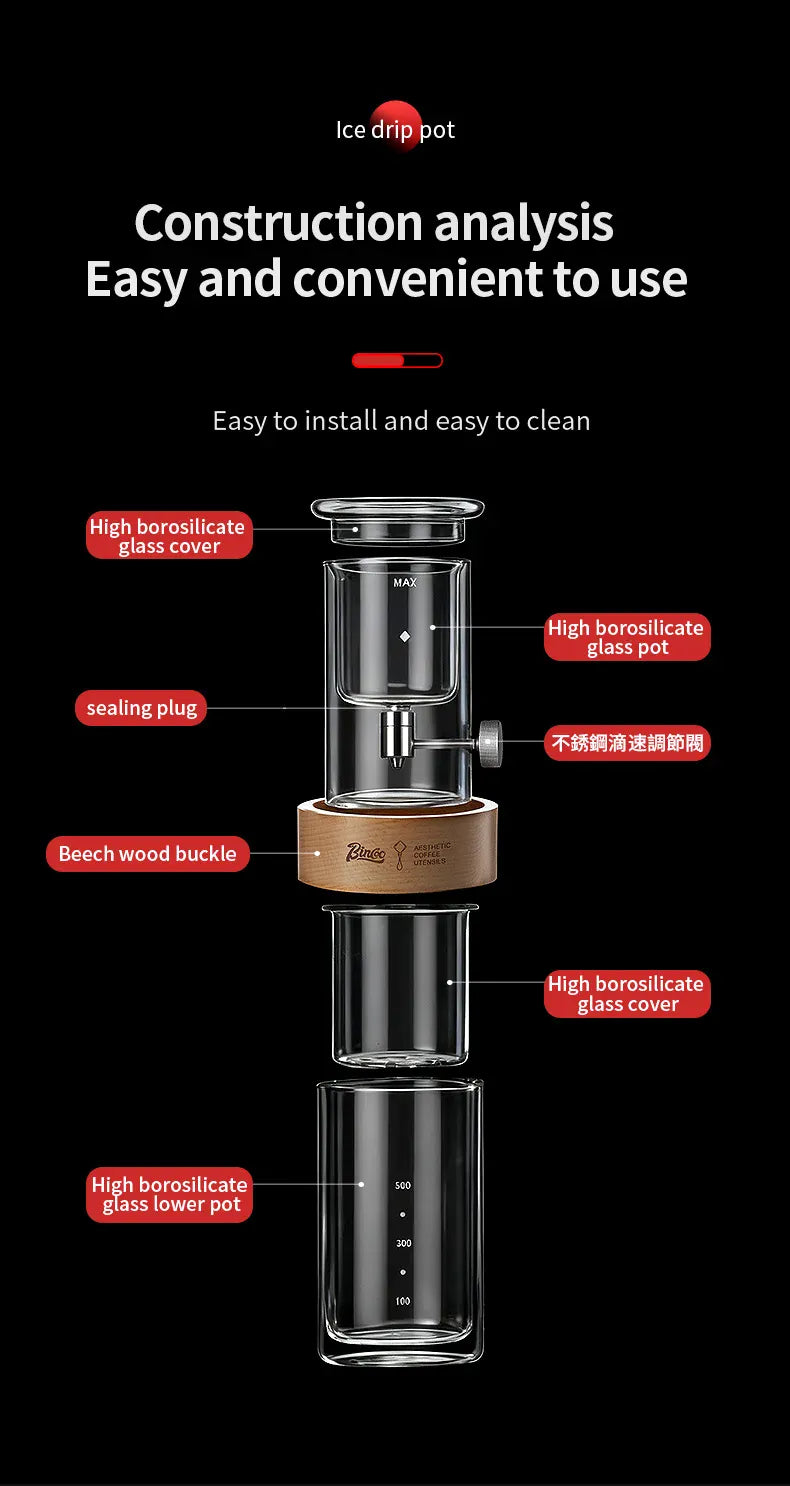 Bincoo Cold Drip Coffee Maker - Double Glass Tower with Flow Control Bincoo Cold Drip Coffee Maker Double Layer Glass Design Large Capacity Use Drip Filtration System with Precision Flow Control