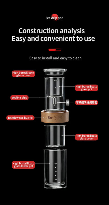 Bincoo Cold Drip Coffee Maker - Double Glass Tower with Flow Control Bincoo Cold Drip Coffee Maker Double Layer Glass Design Large Capacity Use Drip Filtration System with Precision Flow Control