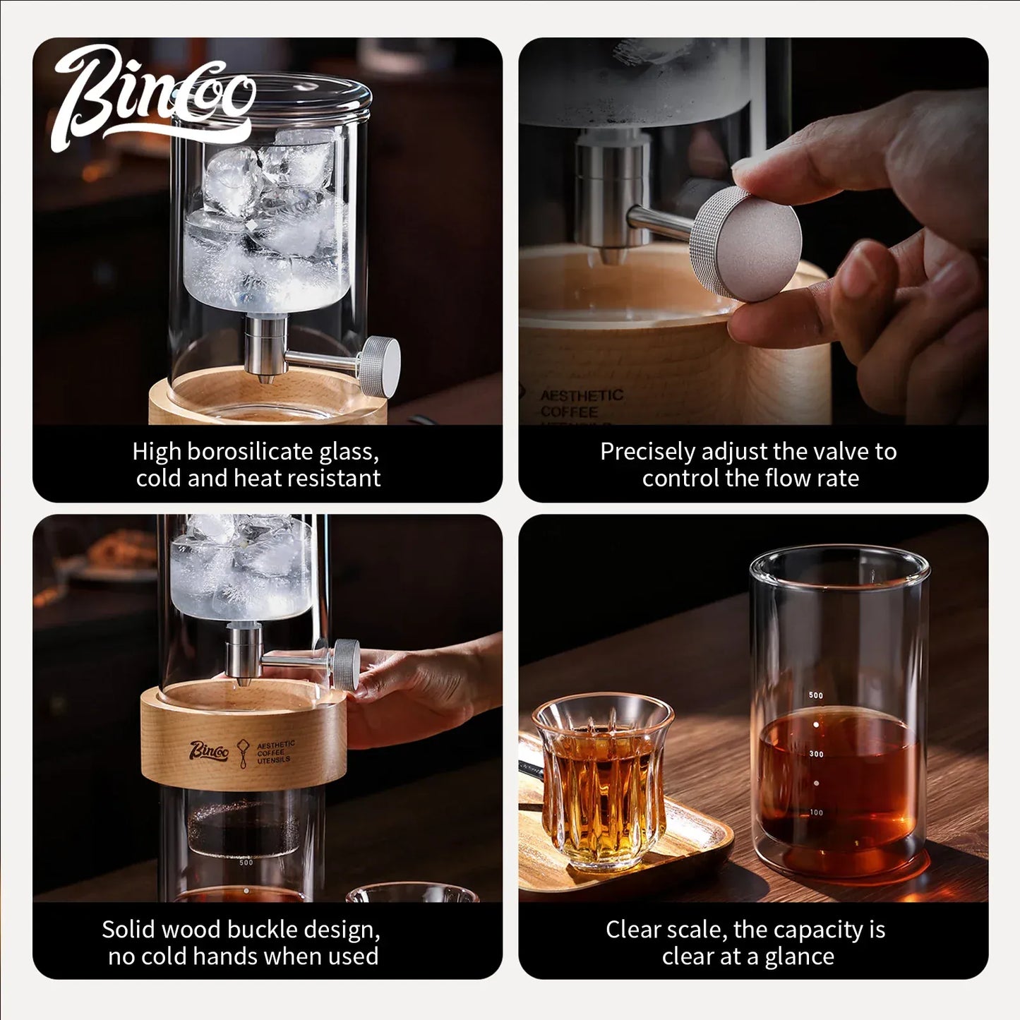 Bincoo Cold Drip Coffee Maker - Double Glass Tower with Flow Control Bincoo Cold Drip Coffee Maker Double Layer Glass Design Large Capacity Use Drip Filtration System with Precision Flow Control