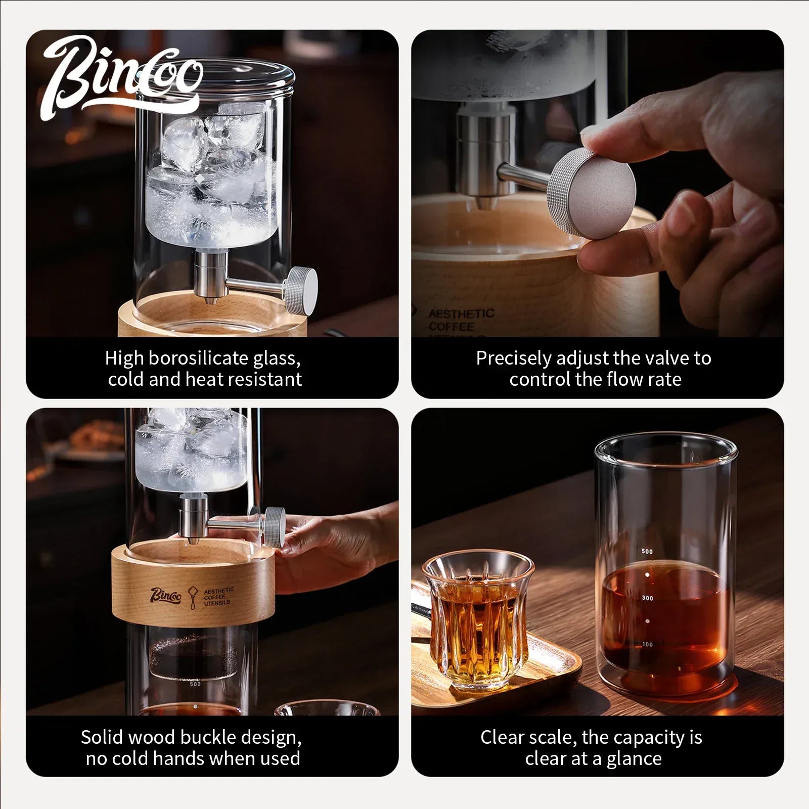 Bincoo Cold Drip Coffee Maker - Double Glass Tower with Flow Control Bincoo Cold Drip Coffee Maker Double Layer Glass Design Large Capacity Use Drip Filtration System with Precision Flow Control