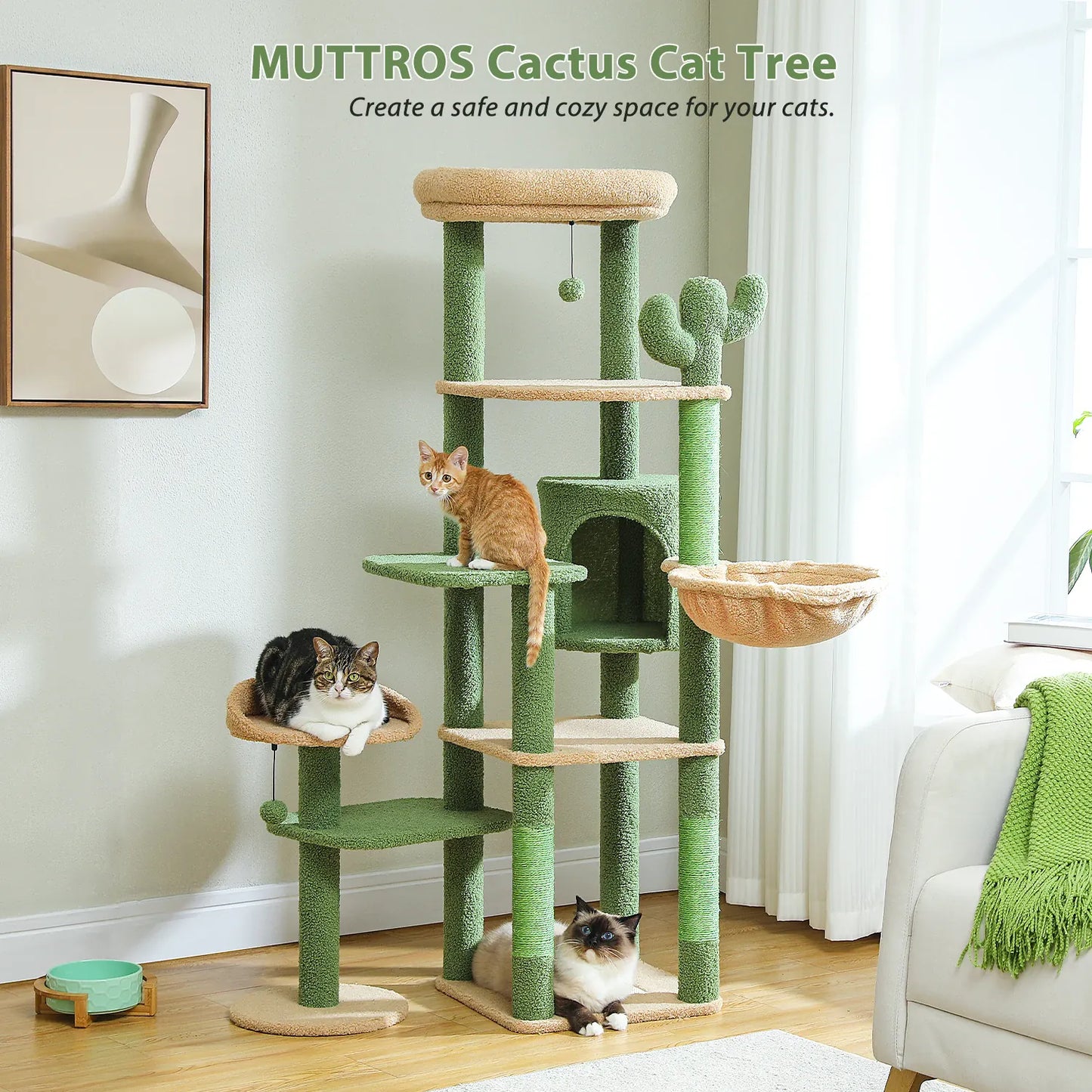 Cactus Cat Tree – Tall Multi-Level Tower with Hammock & Condo | Wahooly Cactus Cat Tree – Tall Multi-Level Tower with Hammock, Condo & Scratching Post for Large Cats