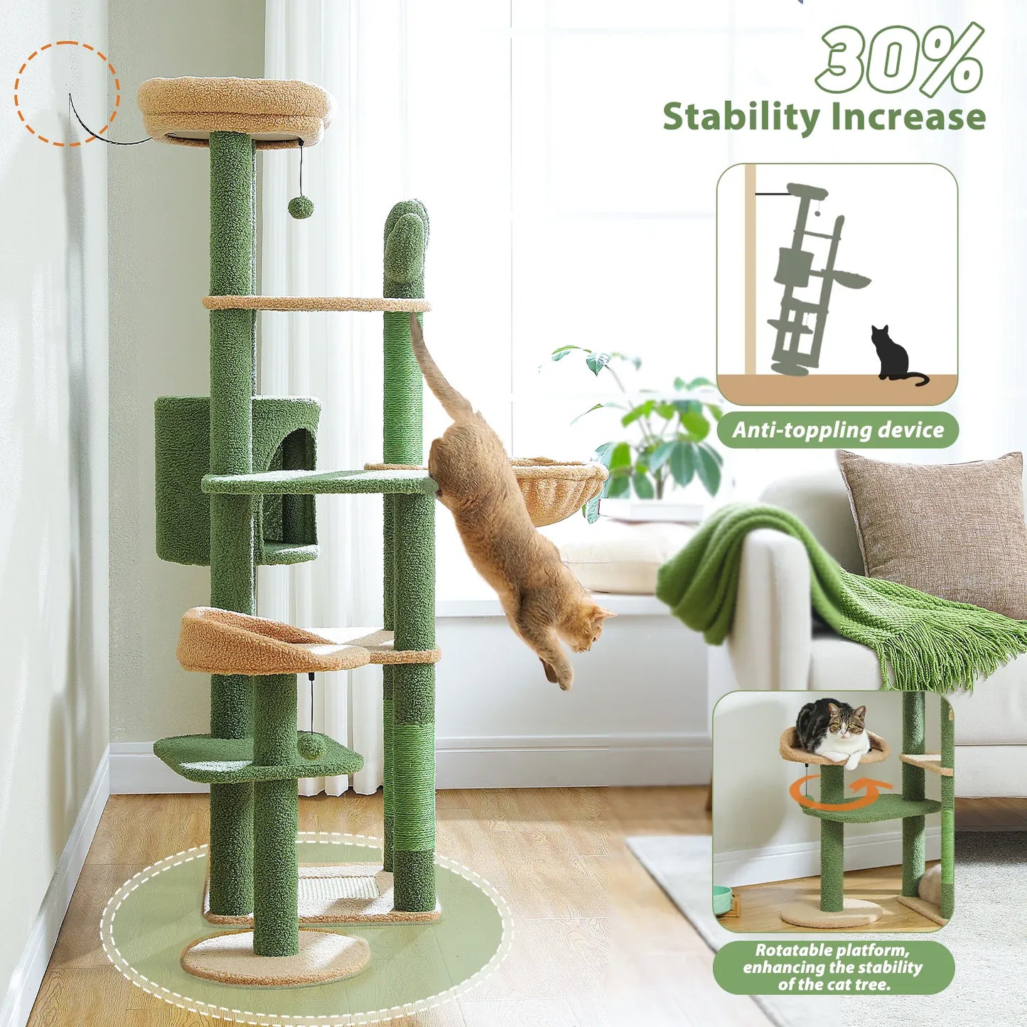 Cactus Cat Tree – Tall Multi-Level Tower with Hammock & Condo | Wahooly Cactus Cat Tree – Tall Multi-Level Tower with Hammock, Condo & Scratching Post for Large Cats