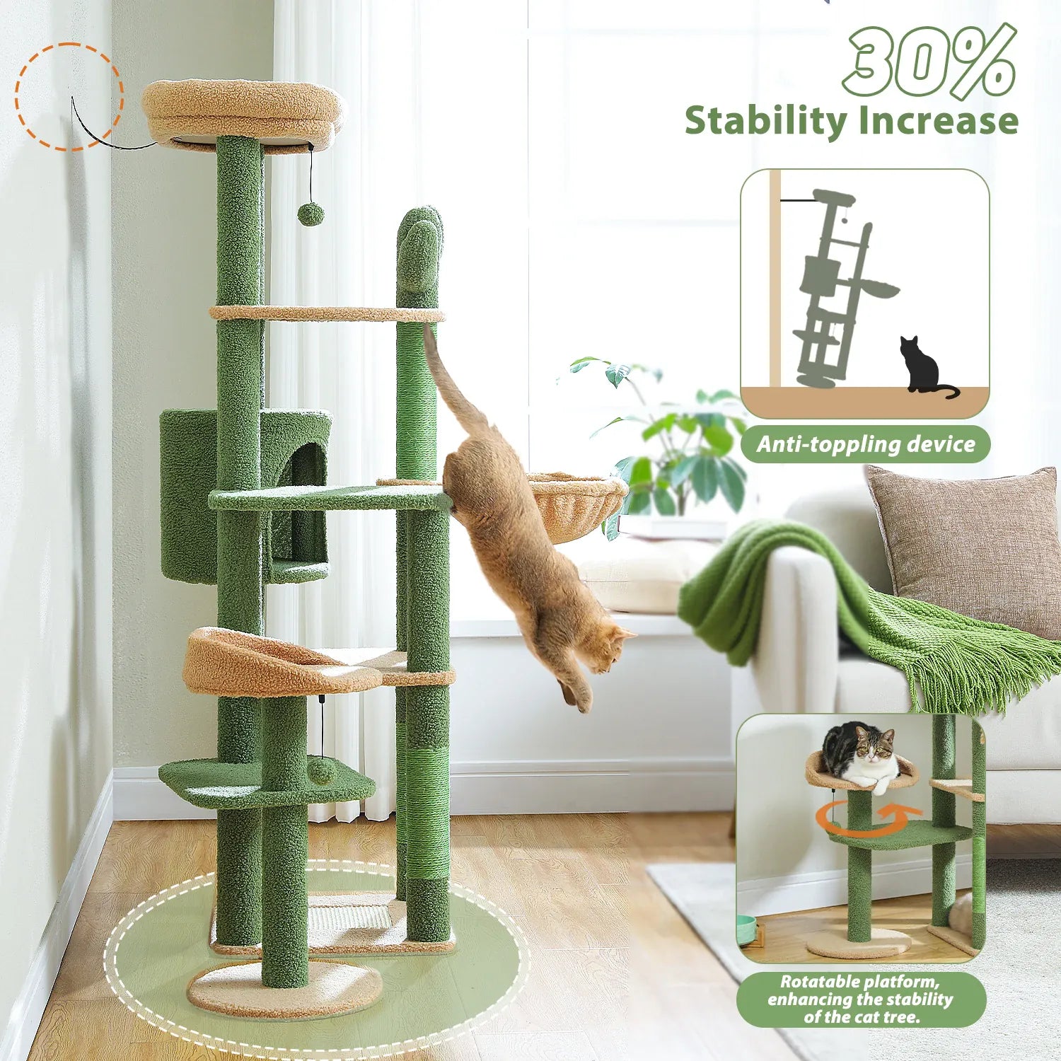 Cactus Cat Tree – Tall Multi-Level Tower with Hammock & Condo | Wahooly Cactus Cat Tree – Tall Multi-Level Tower with Hammock, Condo & Scratching Post for Large Cats