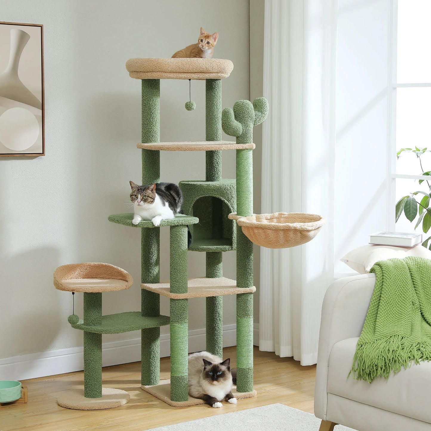 Cactus Cat Tree – Tall Multi-Level Tower with Hammock & Condo | Wahooly Cactus Cat Tree – Tall Multi-Level Tower with Hammock, Condo & Scratching Post for Large Cats