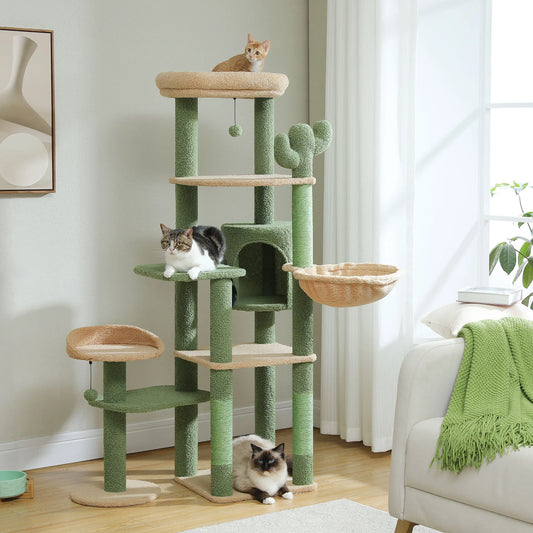 Cactus Cat Tree – Tall Multi-Level Tower with Hammock & Condo | Wahooly Cactus Cat Tree – Tall Multi-Level Tower with Hammock, Condo & Scratching Post for Large Cats