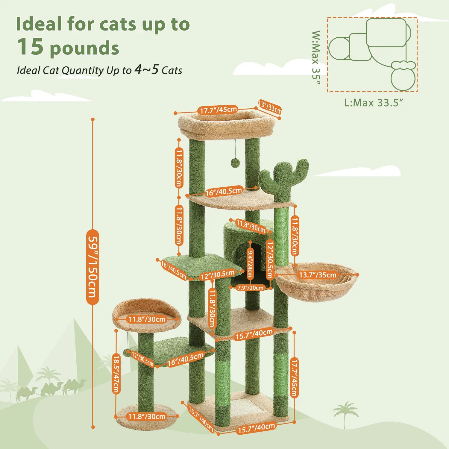 Cactus Cat Tree – Tall Multi-Level Tower with Hammock & Condo | Wahooly Cactus Cat Tree – Tall Multi-Level Tower with Hammock, Condo & Scratching Post for Large Cats