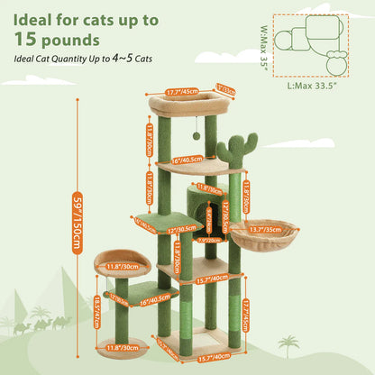 Cactus Cat Tree – Tall Multi-Level Tower with Hammock & Condo | Wahooly Cactus Cat Tree – Tall Multi-Level Tower with Hammock, Condo & Scratching Post for Large Cats