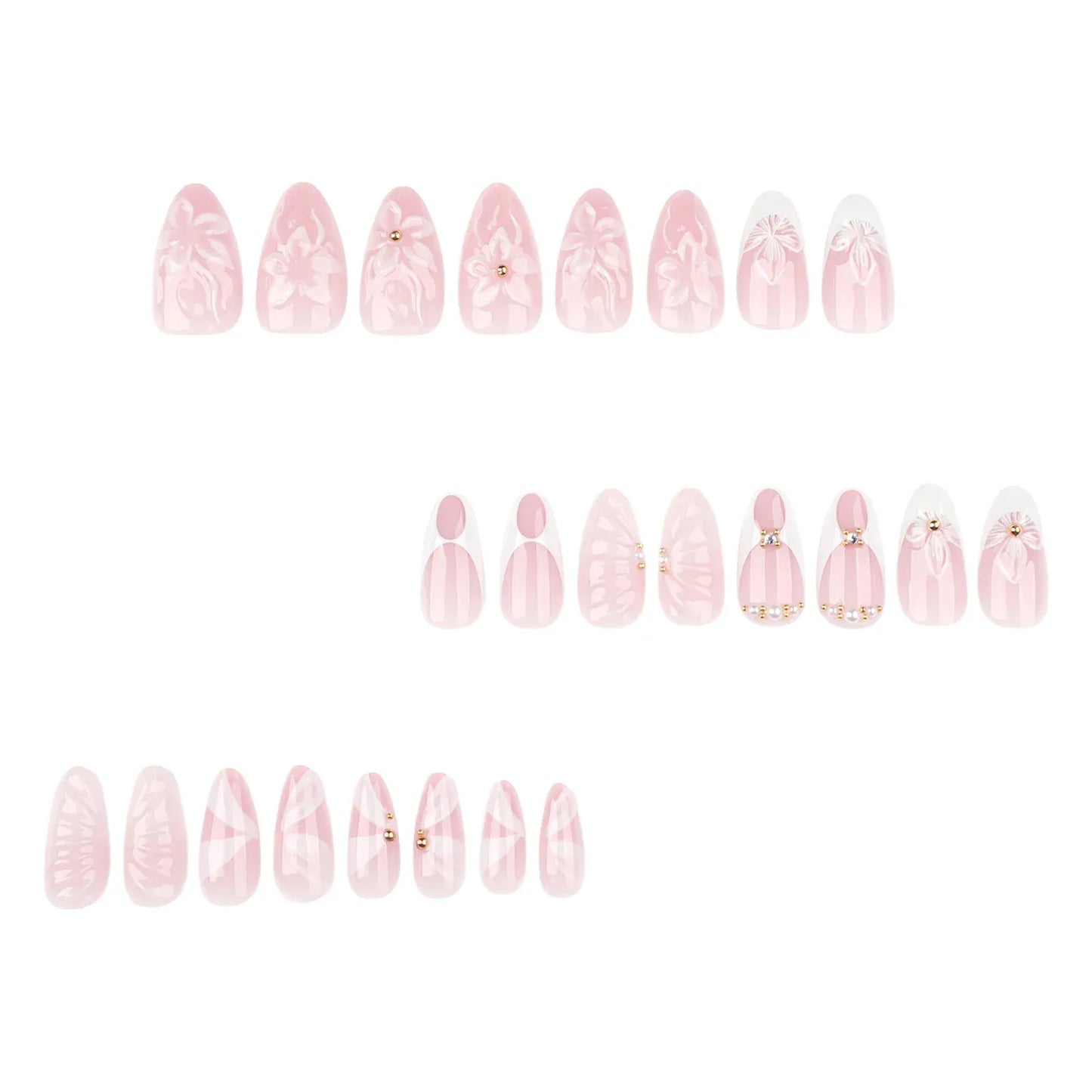 3D Floral French Press-On Nails - Medium Almond Elegant | Wahooly Classic French 3D Flowers False Nails 24pcs Medium Almond Press On Acyrlic Nails Elegant Artificial Nails With Designs Art Salon