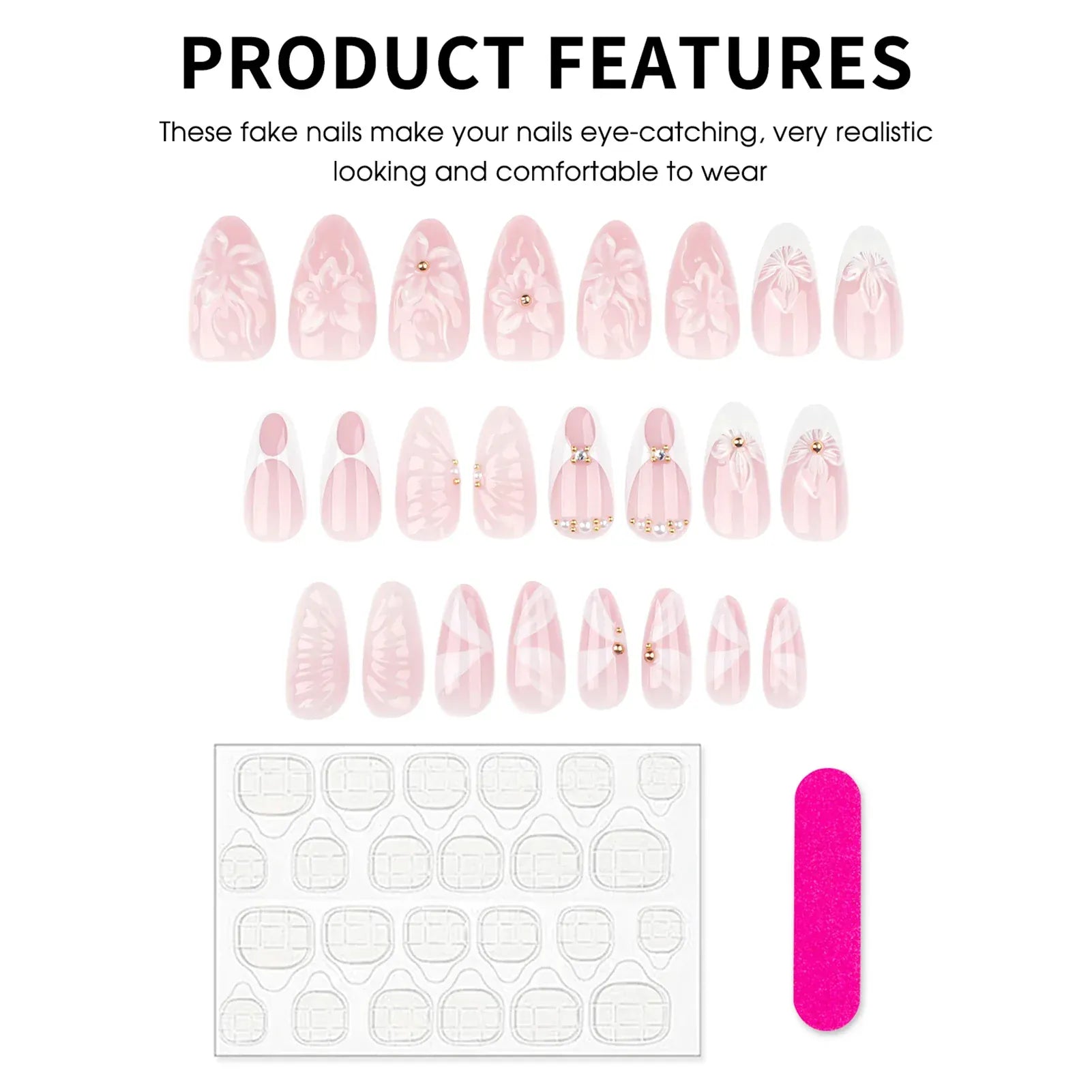 3D Floral French Press-On Nails - Medium Almond Elegant | Wahooly Classic French 3D Flowers False Nails 24pcs Medium Almond Press On Acyrlic Nails Elegant Artificial Nails With Designs Art Salon