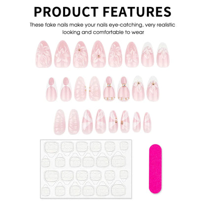 3D Floral French Press-On Nails - Medium Almond Elegant | Wahooly Classic French 3D Flowers False Nails 24pcs Medium Almond Press On Acyrlic Nails Elegant Artificial Nails With Designs Art Salon