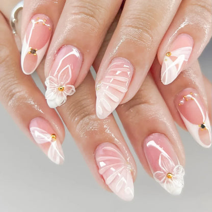 3D Floral French Press-On Nails - Medium Almond Elegant | Wahooly Classic French 3D Flowers False Nails 24pcs Medium Almond Press On Acyrlic Nails Elegant Artificial Nails With Designs Art Salon