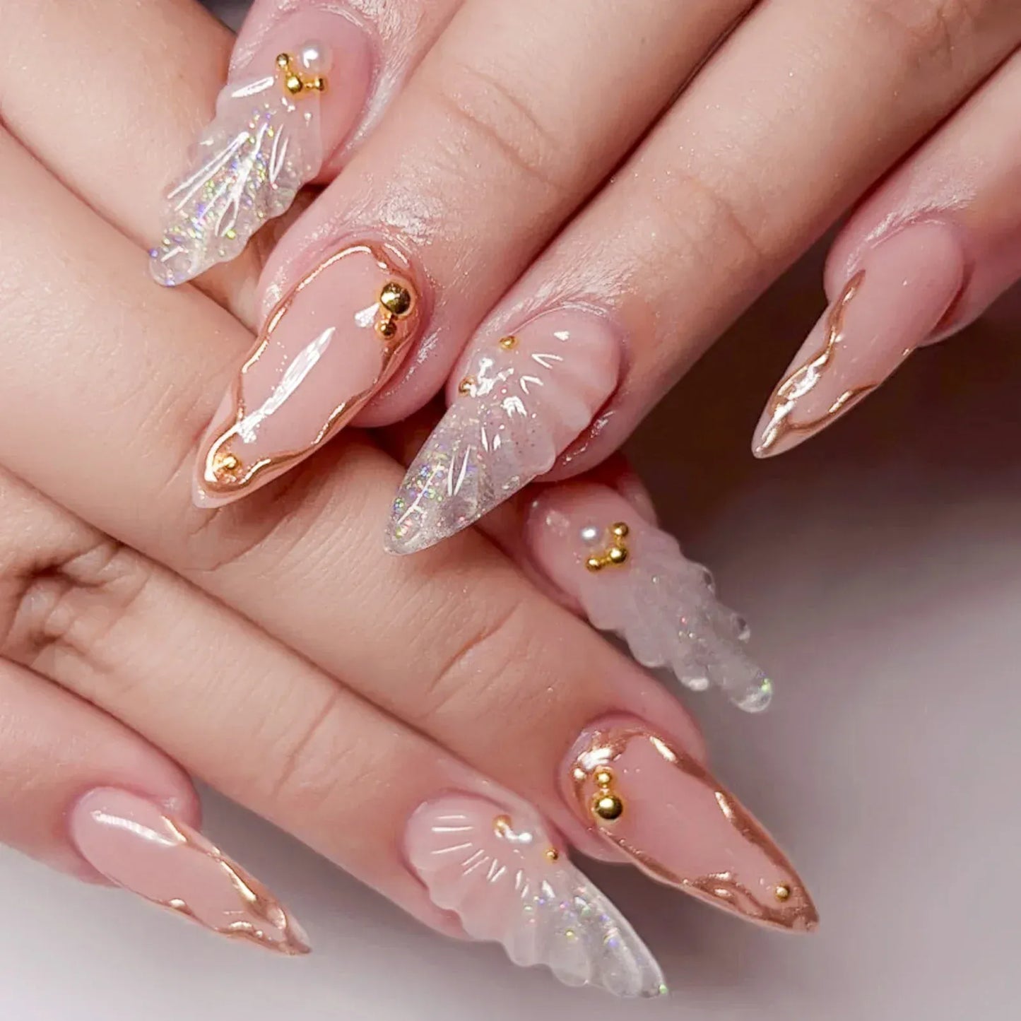 3D Floral French Press-On Nails - Medium Almond Elegant | Wahooly Classic French 3D Flowers False Nails 24pcs Medium Almond Press On Acyrlic Nails Elegant Artificial Nails With Designs Art Salon