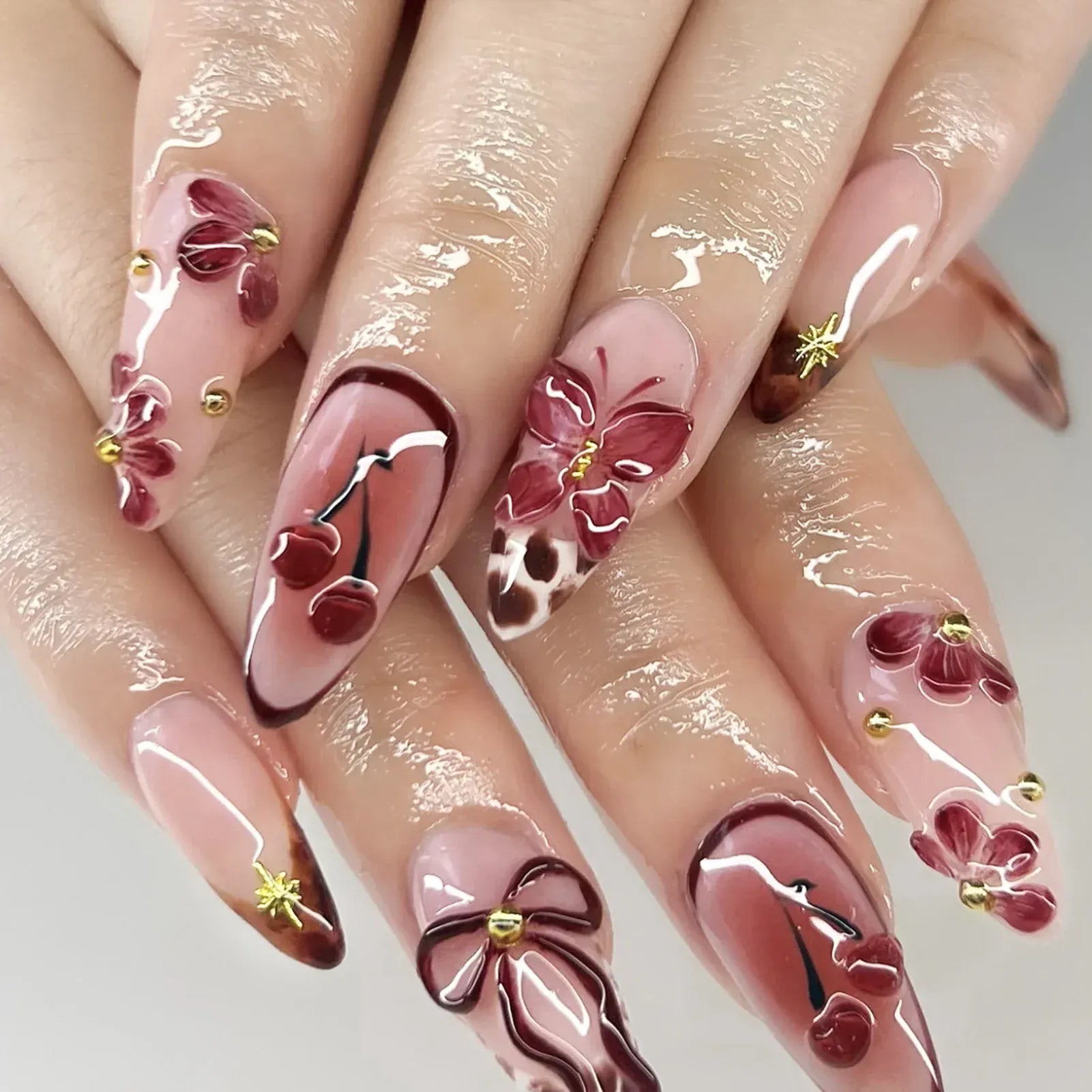 3D Floral French Press-On Nails - Medium Almond Elegant | Wahooly Classic French 3D Flowers False Nails 24pcs Medium Almond Press On Acyrlic Nails Elegant Artificial Nails With Designs Art Salon