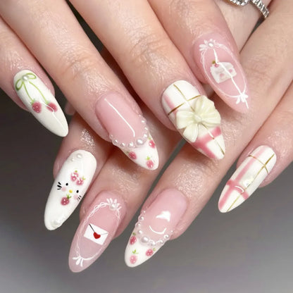 3D Floral French Press-On Nails - Medium Almond Elegant | Wahooly Classic French 3D Flowers False Nails 24pcs Medium Almond Press On Acyrlic Nails Elegant Artificial Nails With Designs Art Salon