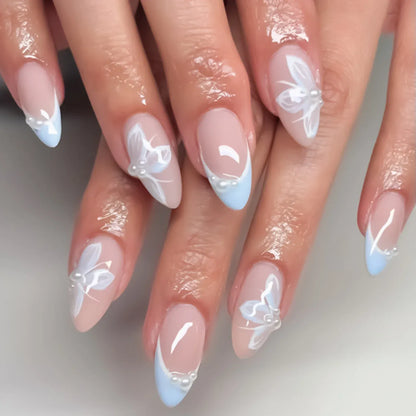 3D Floral French Press-On Nails - Medium Almond Elegant | Wahooly Classic French 3D Flowers False Nails 24pcs Medium Almond Press On Acyrlic Nails Elegant Artificial Nails With Designs Art Salon