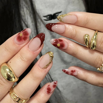 3D Floral French Press-On Nails - Medium Almond Elegant | Wahooly Classic French 3D Flowers False Nails 24pcs Medium Almond Press On Acyrlic Nails Elegant Artificial Nails With Designs Art Salon