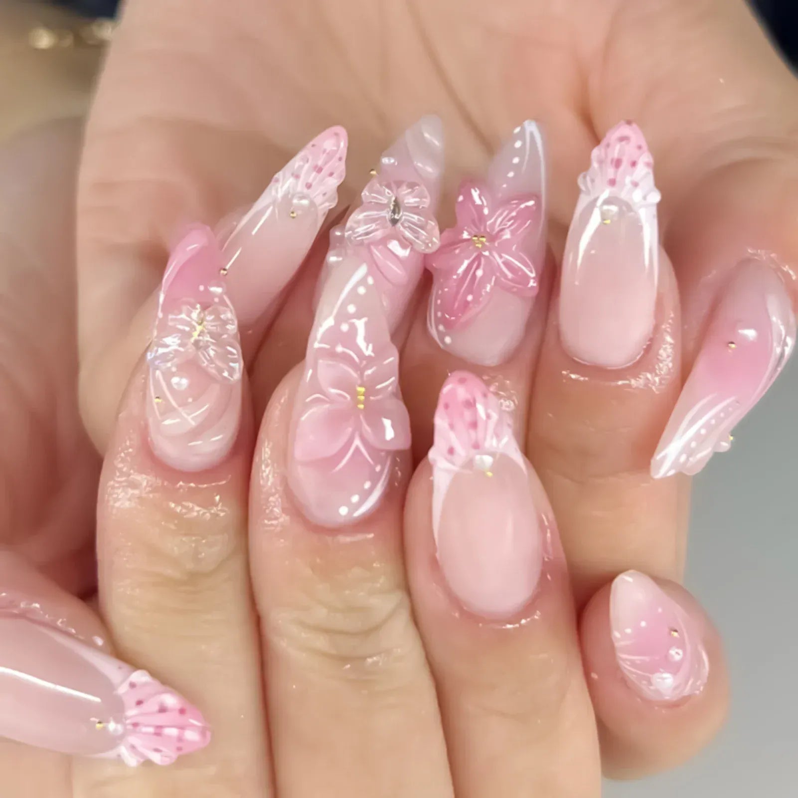 3D Floral French Press-On Nails - Medium Almond Elegant | Wahooly Classic French 3D Flowers False Nails 24pcs Medium Almond Press On Acyrlic Nails Elegant Artificial Nails With Designs Art Salon
