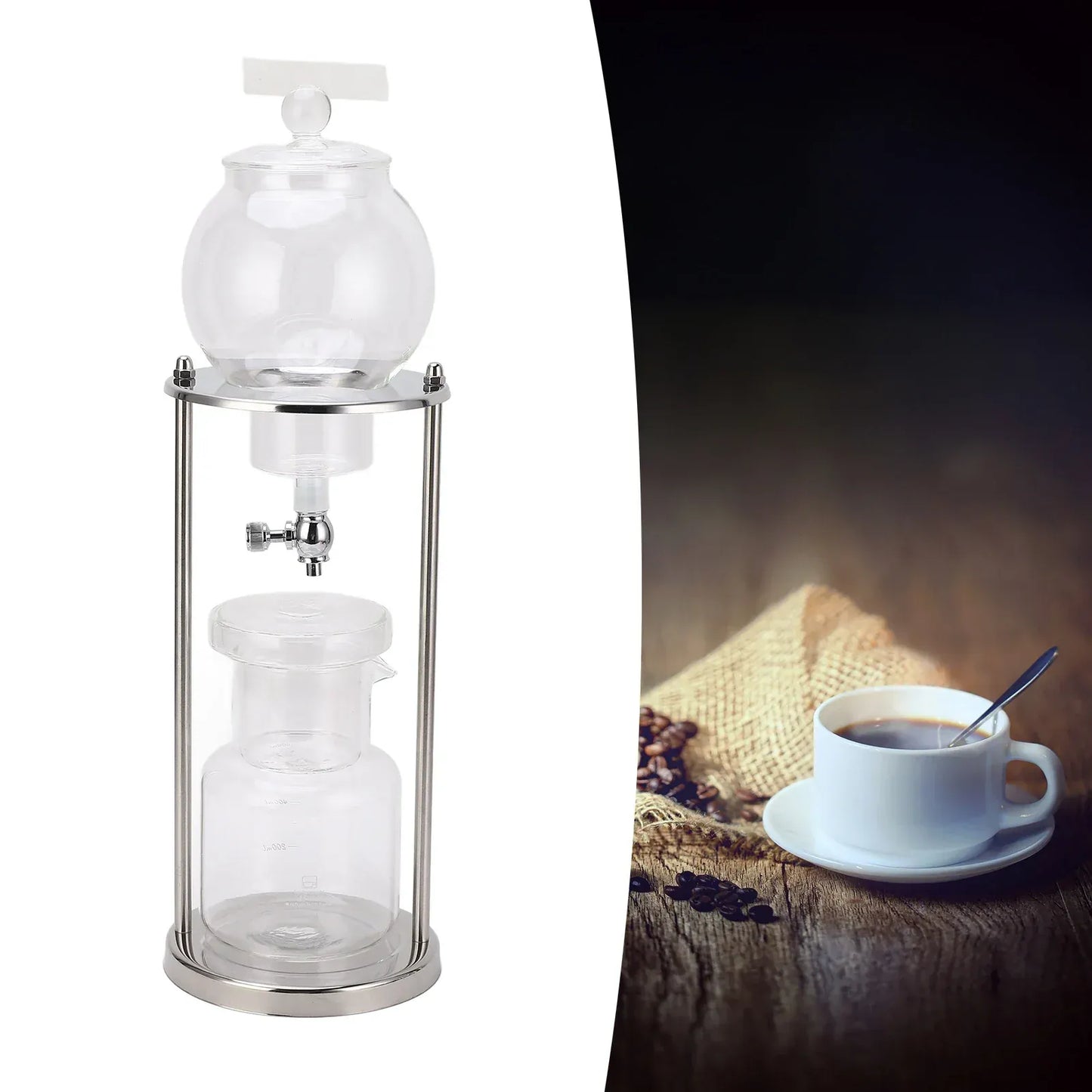 Cold Brew Drip Tower 600ml - Glass Ice Coffee Maker | Wahooly Cold Brew Drip Tower 600ml Reusable Glass Filtering Transparent Stainless Steel Stand DIY Ice Coffee Brew Tower Cold Brew Tower